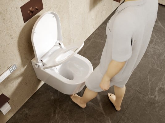 Douche-wc met opengeklapte bril in een toiletruimte met donkere vloertegels
