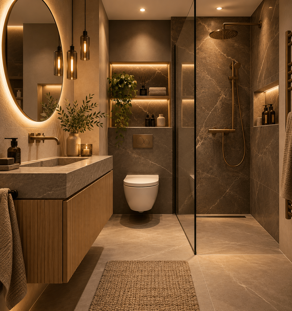 Badkamer met warme marmeraccenten, houten badmeubel, inloopdouche en hangend toilet