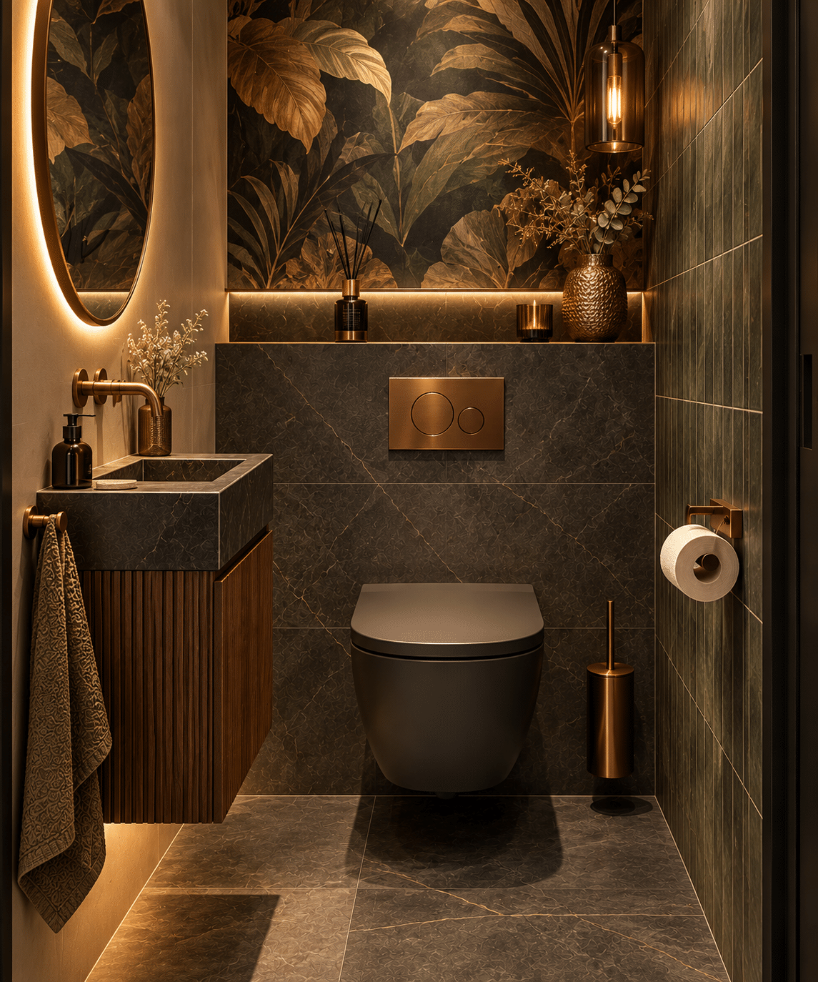 Toiletruimte met donkere tegels, botanisch behang en bronzen accenten