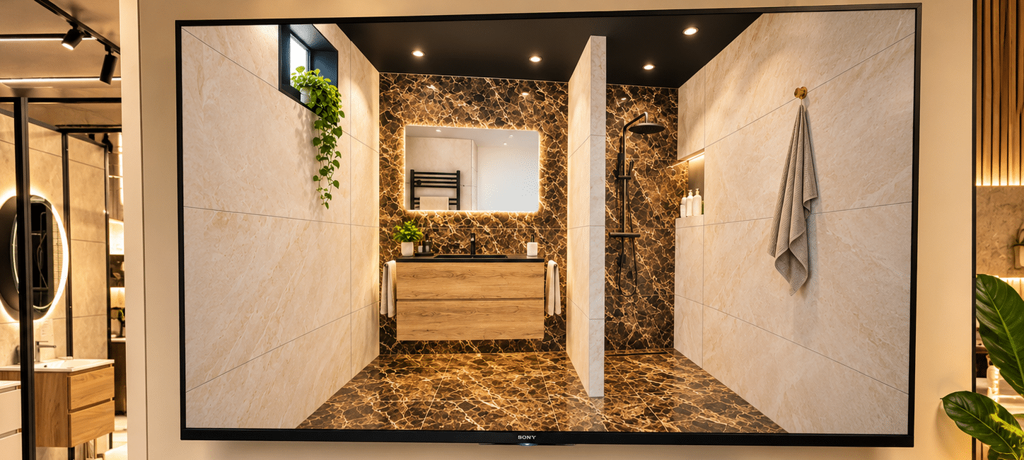 3D-ontwerp van een badkamer met tegels in marmerlook op een scherm in de showroom