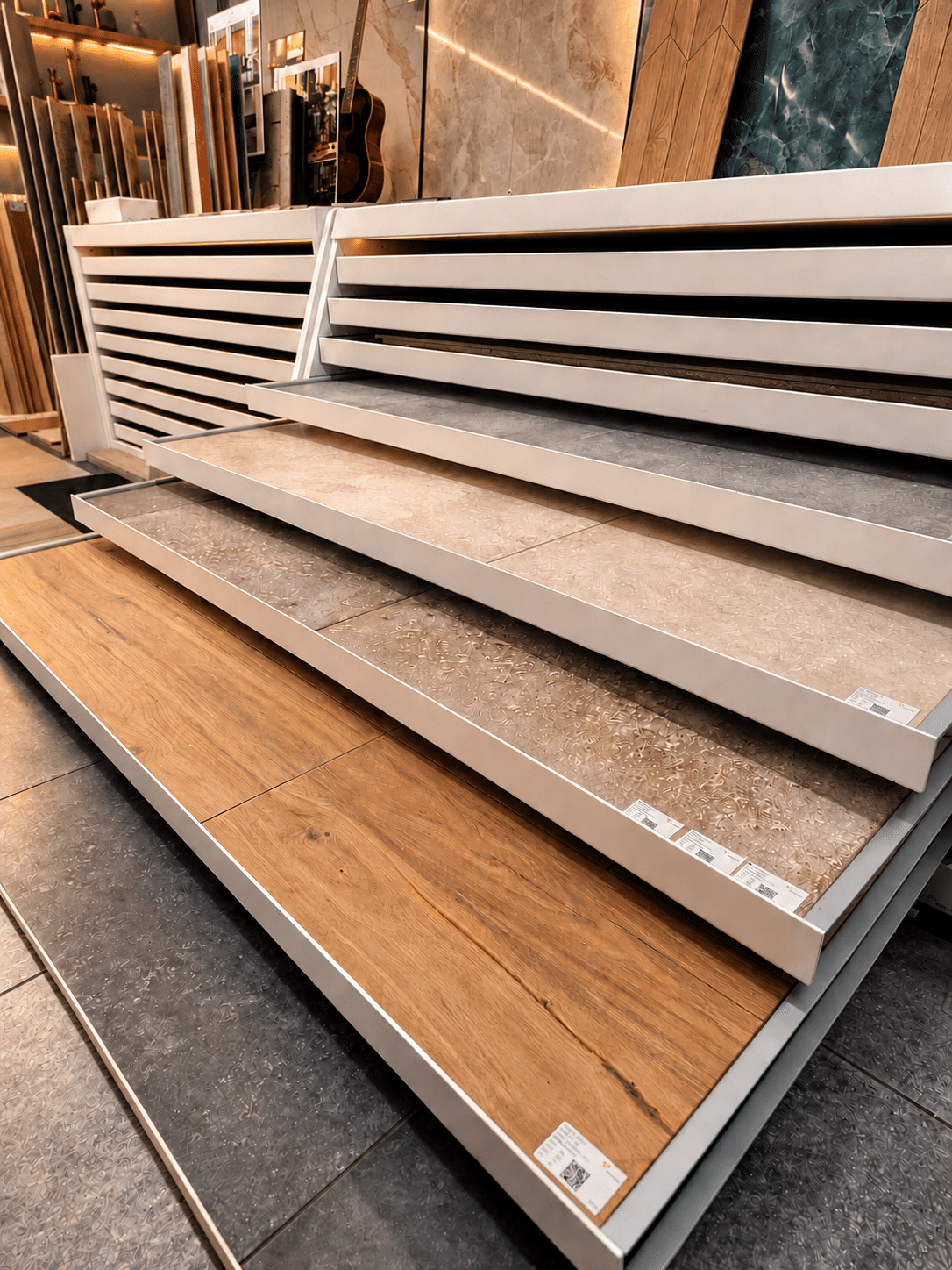 Uitschuifbare rekken met grote vloertegels in houtlook en steenlook in de showroom