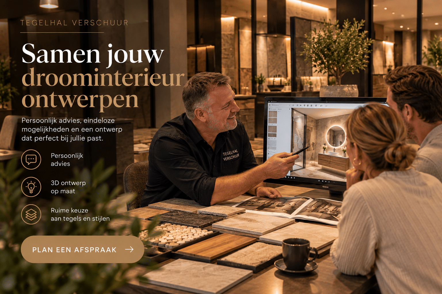 Adviseur van Tegelhal Verschuur laat een stel een 3D-ontwerp van hun badkamer zien
