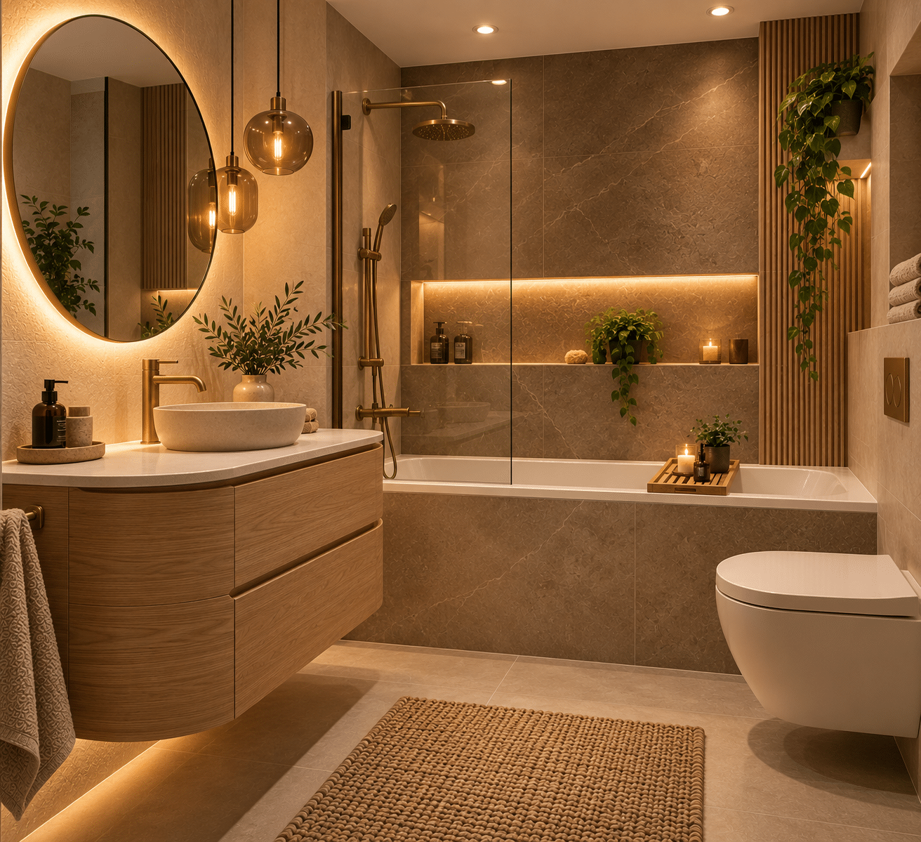 Badkamer in Scandinavische stijl met ligbad, houten badmeubel en sfeerverlichting