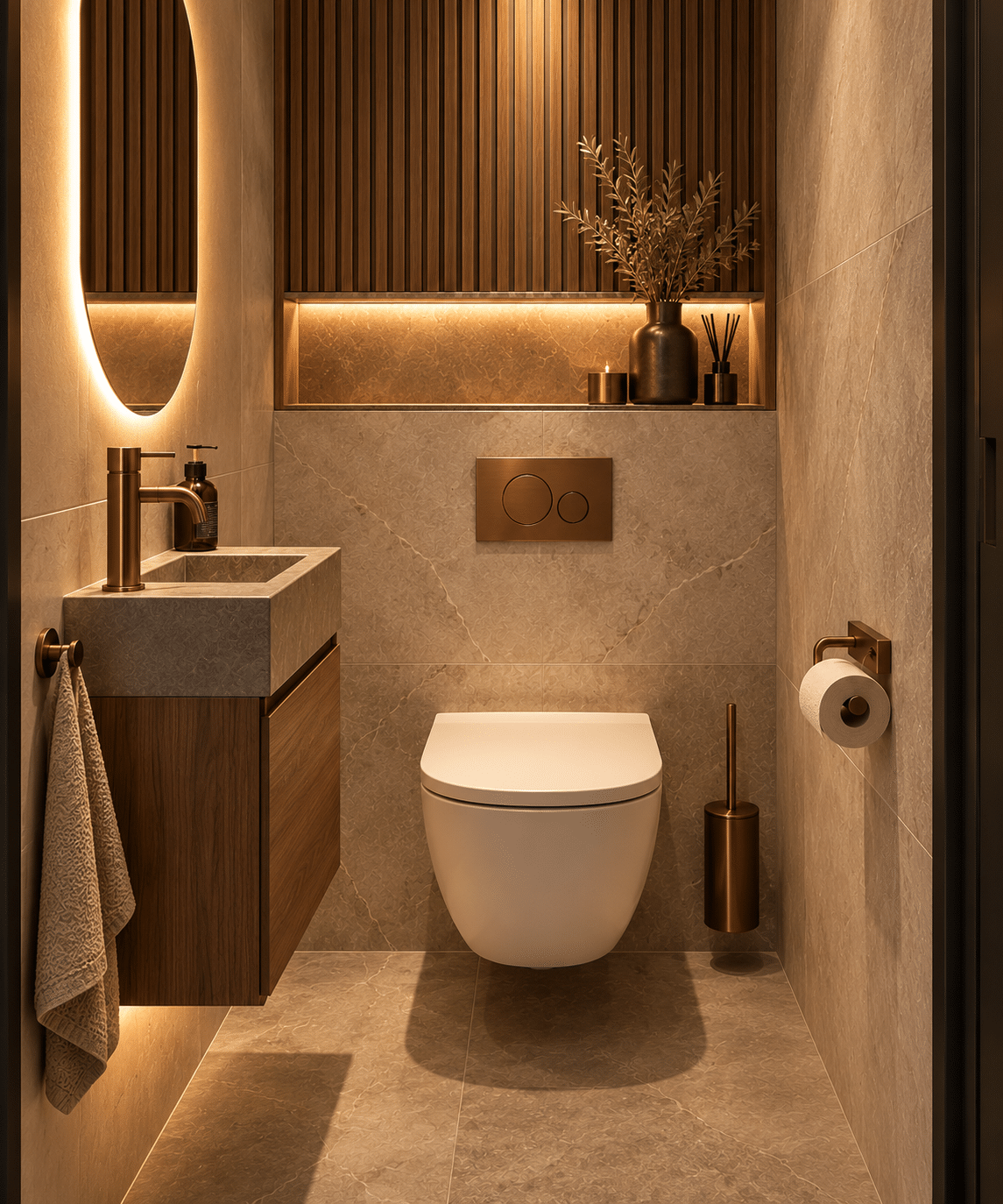 Toiletruimte met lichte tegels, houten lamellen en bronzen accenten