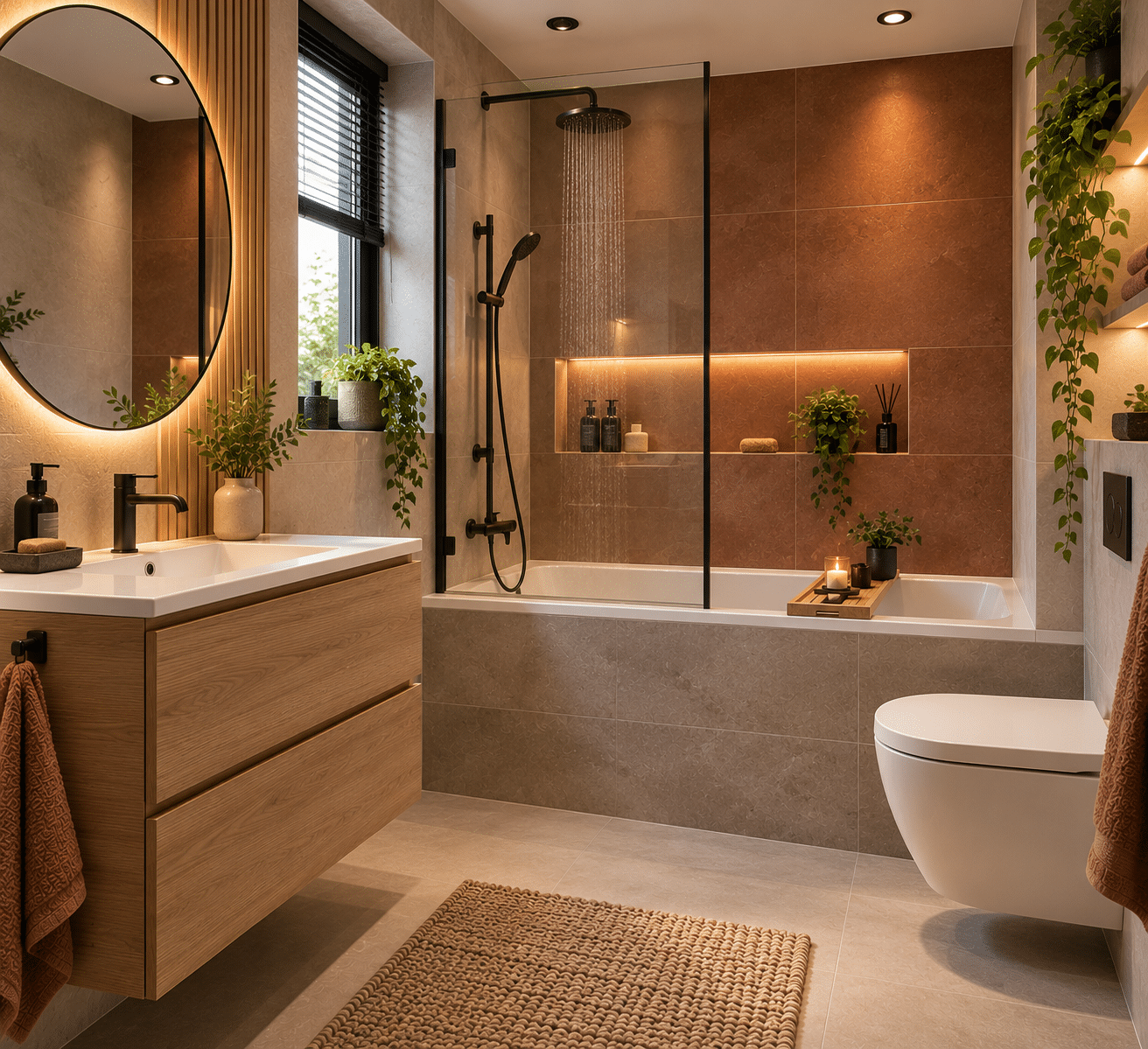 Badkamer met terracotta wandtegels, ligbad en houten badmeubel